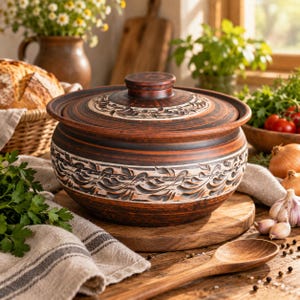 Peut inclure: Une marmite de cuisson ronde en argile brune avec un couvercle assorti, présentant un corps large et un motif de feuilles sculptées décoratif autour du centre et du couvercle. La marmite a une finition lisse et terreuse avec des tons bruns.