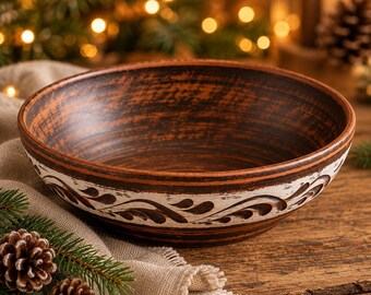 Red Clay Salad Bowl 1.4L, Handmade Serving Bowl, Christmas Table Centerpiece, Rustic Pottery, Hostess Gift for Her