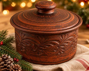 Red Clay Pot with Lid 2L, Handmade Cooking Pot, Winter Stew Pot, Rustic Clay Casserole, Christmas Gift for Cook