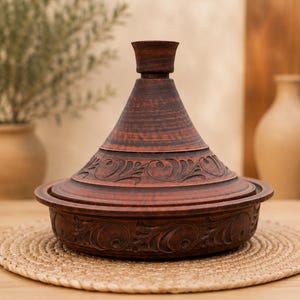 Puede incluir: Un tajine de terracota de color marrón oscuro con una tapa cónica y una base ancha. Tanto la tapa como la base están decoradas con intrincados patrones de volutas florales talladas. El recipiente tiene un acabado mate liso y un pomo superior.