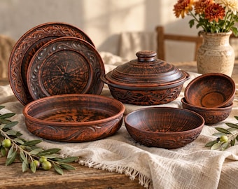 Clay Serving Set 7pc, Handmade Roasting Pan, Pancake Plate, Serving Plates & Bowls, Rustic Pottery Tableware, Natural Red Clay Gift