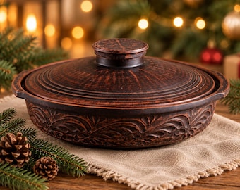 Red Clay Roasting Pan 29cm, Handmade Baking Dish with Lid, Christmas Roast Pan, Rustic Pottery Bakeware, Holiday Gift for Cook