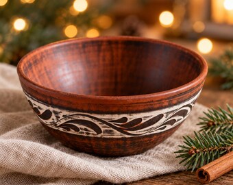 Red Clay Soup Bowl 0.8L, Handmade Carved Pottery Bowl, Rustic Christmas Tableware, Cozy Winter Soup Bowl, Hostess Gift for Her