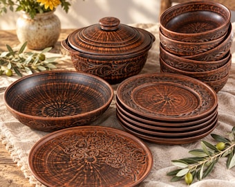Clay Dinnerware Set for 6, 15pc Handmade Plates & Bowls with Carved Roasting Pot, Rustic Pottery Dinner Set, Natural Red Clay Gift