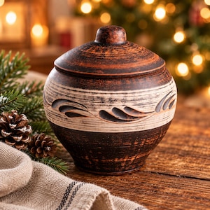 May include: A round, dark brown clay pot with a matching lid. The exterior features a wide, horizontal band of light beige with a carved, repeating leaf-like pattern encircling the center. The surface has a textured, rustic, and matte finish.