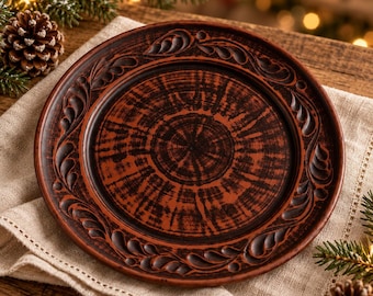 Red Clay Dinner Plate 25cm, Handmade Pottery Plate, Rustic Christmas Tableware, Festive Serving Plate, Holiday Hostess Gift