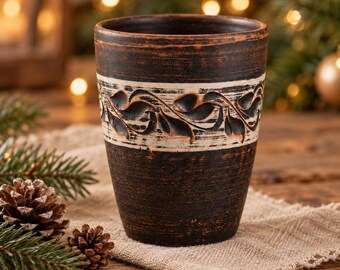 Red Clay Cup 350ml, Handmade Mulled Wine Cup, Rustic Pottery Mug No Handle, Cozy Winter Drinkware, Christmas Stocking Stuffer