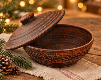Clay Baking Dish with Lid 22cm, Handmade 1.4L Roaster, Christmas Casserole Pot, Rustic Bakeware, Holiday Gift for Cook