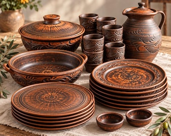 Clay Dinnerware Set for 6, 23pc Handmade Plates, Pitcher and 6 Tumblers, Casserole Pot & Roasting Pan, Rustic Pottery, Wedding Gift