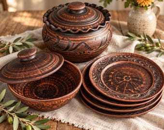 Clay Cookware and Plates Set 6pc, Handmade Dumpling Baker 3L, Small Roaster & 4 Serving Plates, Rustic Pottery, Natural Red Clay Gift