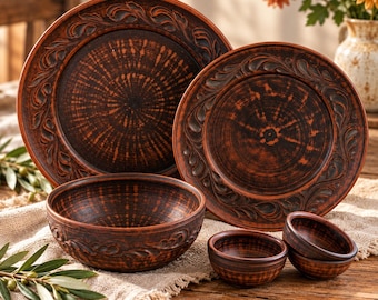 Clay Place Setting 5pc, Handmade Dinner Plate, Salad Plate, Soup Bowl & 2 Sauce Dishes, Rustic Pottery Dinnerware, Red Clay Gift