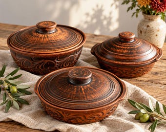 Clay Cookware Set 3pc, Handmade Casserole Pot with Lid 3.3L & 2 Roasting Pans, Rustic Pottery Bakeware, Natural Red Clay Gift