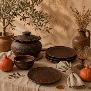 May include: A dark brown clay lidded pot with embossed floral patterns, a matching bowl, and three flat plates with intricate circular designs. The set includes a textured glass goblet, a linen napkin with a woven ring, and two small orange pumpkins.