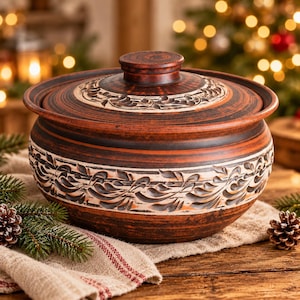 May include: A round, reddish-brown clay pot with a matching lid. The pot and lid feature a carved, repeating leaf pattern highlighted in white. The surface has a natural, earthy texture with dark brown horizontal striations throughout the clay.