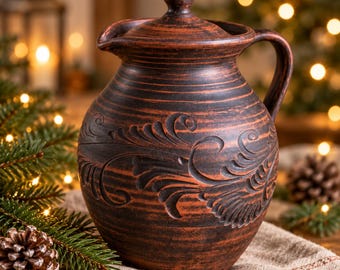 Carved Red Clay Pitcher 2.2L, Handmade Ceramic Jug, Christmas Table Decor, Rustic Pottery Vase for Winter Branches, Gift for Her