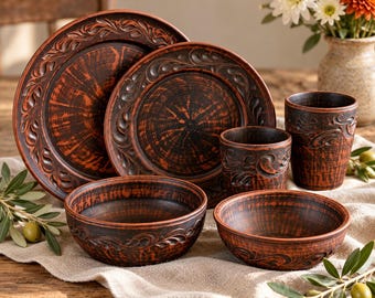 Clay Dinnerware Set 6pc, Handmade 2 Plates, 2 Bowls & 2 Carved Tumblers, Rustic Pottery Place Setting, Natural Red Clay Gift