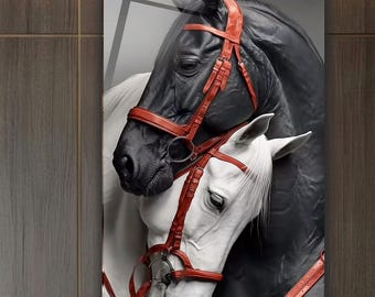Horse Wall Art, Tempered Glass Black and White Horse Couple Portrait with Red Bridles, Extra Large Equestrian Decor for Horse Lovers
