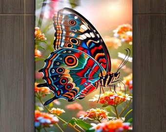 Butterfly Wall Art, Tempered Glass Colorful Blue Orange Butterfly on Flowers, Extra Large Stained Glass Inspired Botanical Decor