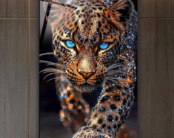 Leopard Wall Art, Tempered Glass Blue Eyed Leopard with Crystal Inspired Details, Extra Large Luxury Wildlife Living Room Decor