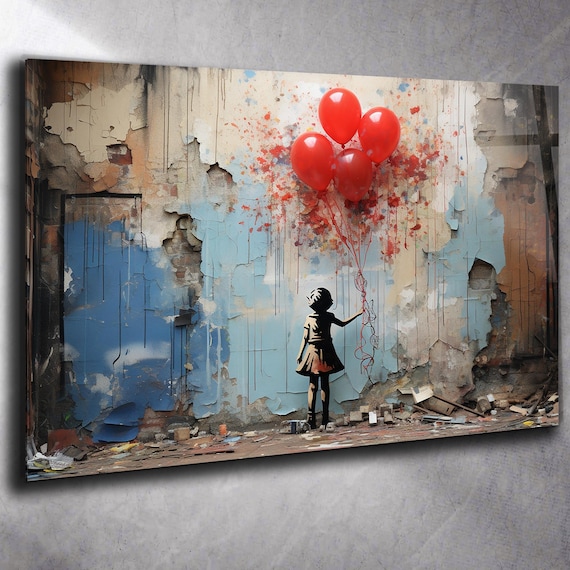 Tempered Glass Wall Art Red Balloon Girl, Urban Street Art Wall