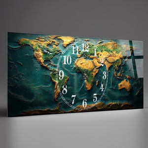 Gehärtetes Glas Abstrakte Wand Extra Große Uhr, Weltkarte Gehärtetes Glas Wanduhr, Housewarming Geschenk, Einzigartige Wohnkultur extra große Uhr