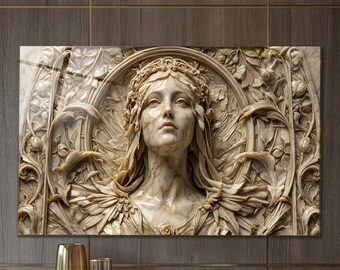 Gothic Angel Wall Art, Tempered Glass Ivory Gold Celestial Woman Portrait, Extra Large Marble Sculpture Inspired Decor