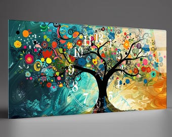 Übergroße Wanduhr aus gehärtetem Glas, Baum des Lebens Kunst, personalisierte Uhr (20 x 43 Zoll)