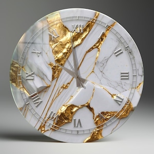 Reloj de pared de cristal templado extragrande, reloj de pared redondo de mármol blanco con vetas doradas, decoración de lujo para sala de estar.
