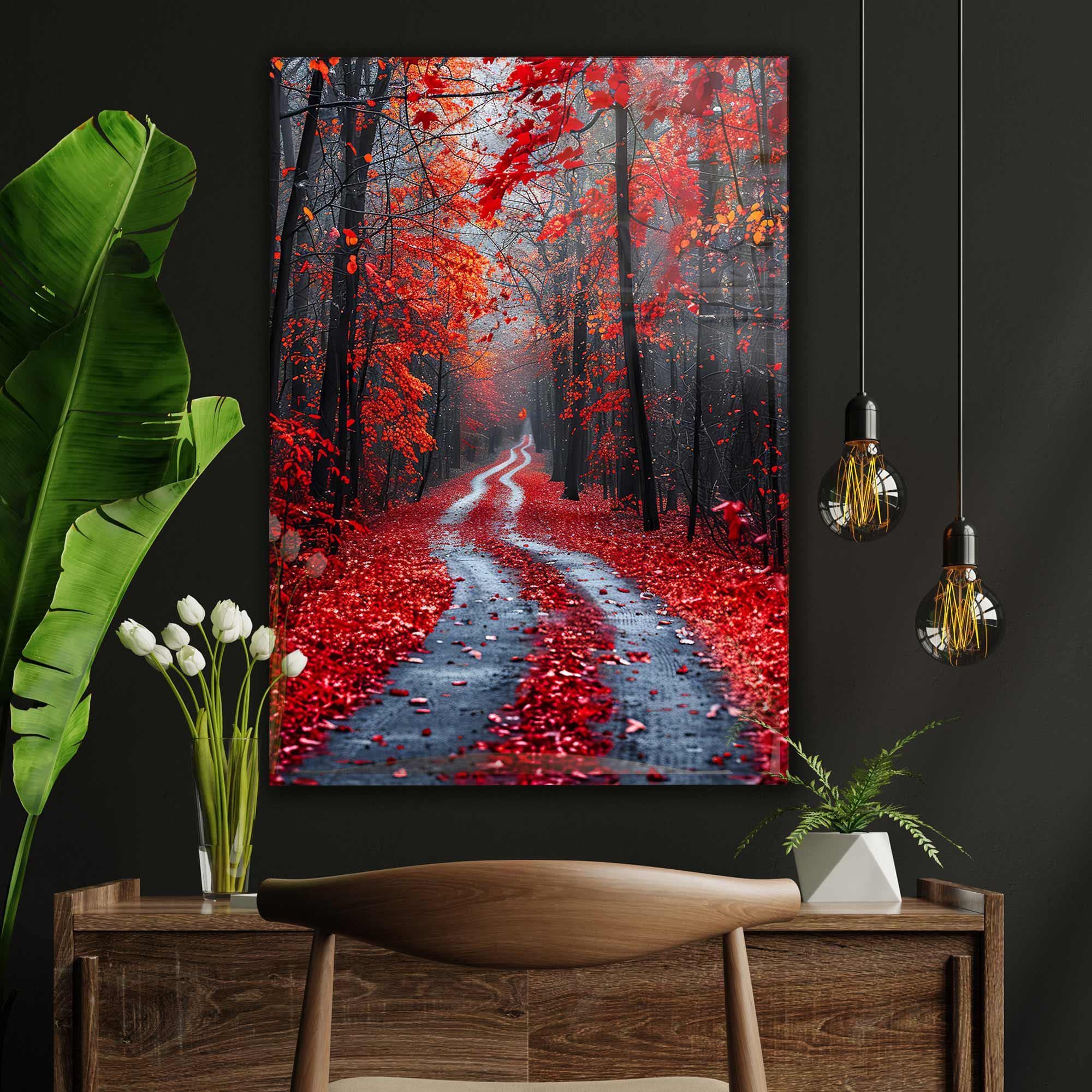 Red Forest Road Tempered Glass Wall Art: Scenic Landscape Decor - Etsy