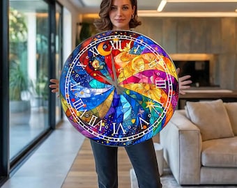 Rainbow Wall Clock, Oversized Round Tempered Glass Clock, Extra Large Colorful Stained Glass Inspired Abstract Art Decor