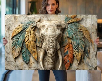 Tempered Glass Wall Art Extra Large Elephant Wall Art, Luxury Safari Decor, Tribal Animal Artwork, Gold Blue Nature Wall Decor