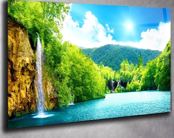 Tempered Glass Waterfall Wall Art: Panoramic Forest Landscape
