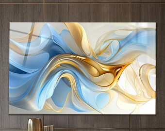 Light Blue Wall Art, Tempered Glass Champagne Gold Flowing Abstract, Extra Large Ice Blue Modern Luxury Living Room Decor