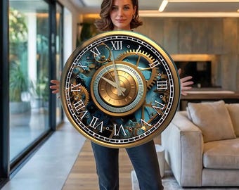 Steampunk Wall Clock, Oversized Round Tempered Glass Clock, Extra Large Gear Industrial Clock, Vintage Mechanical Wall Decor
