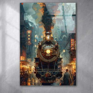 Vintage Steam Train Tempered Glass Wall Art: Retro Decor