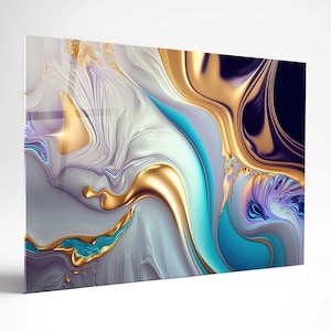 Liquid Gold Purple Blue Tempered glass Wall Art, Extra large glass Wall art,Uv printing,Stove Backsplash, Unique Wall Clock,Wall Art For Mom