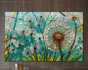 Dandelion Wall Art, Tempered Glass Turquoise Teal Stained Glass Inspired Wildflowers, Extra Large Botanical Living Room Decor