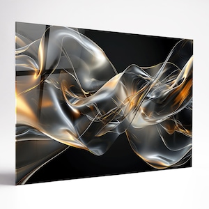 Vagues argentées abstraites d&#39;art mural en verre trempé Abstrait, art mural panoramique, dosseret en verre, art mural en verre extra large, panneau de vitrail
