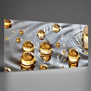 Horloge murale en verre trempé - Goutte d&#39;eau liquide dorée - Art mural de cuisine moderne avec horloge fonctionnelle, grande horloge murale, idée cadeau