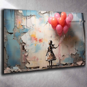 Banksy Balloon Girl Tempered Glass Wall Art, Street Graffiti Decor,Extra Large Wall art Banksy,Panaromic Wall art