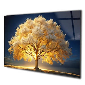 Yellow Tree Of Life  Tempered Glass Wall Art, Panoramic Wall Art Tempered Glass Backsplash Extra Large Wall Art Wall Art for Mom decor
