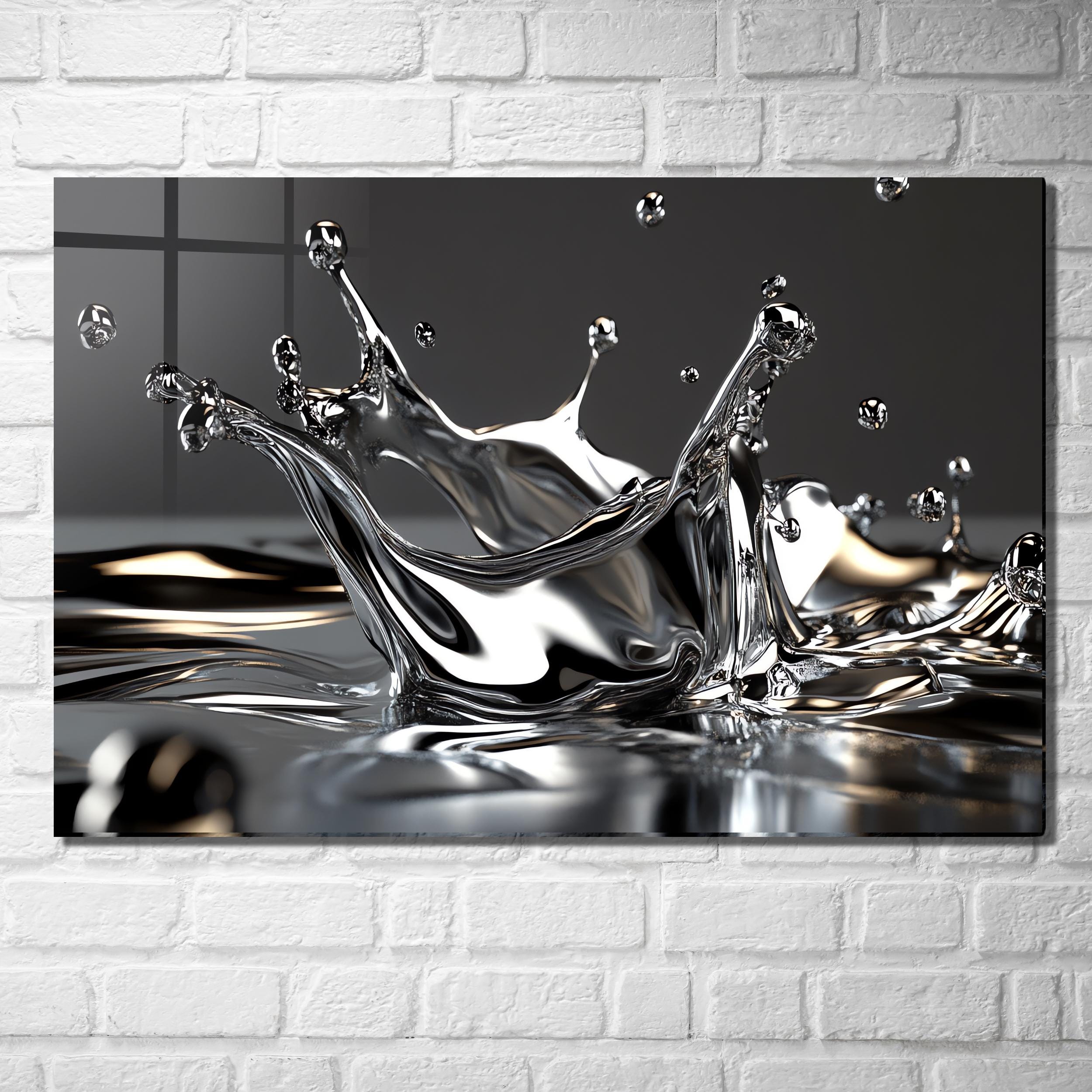 Abstract Silver Splash Tempered Glass Wall Art, 3D Look Geometric ...