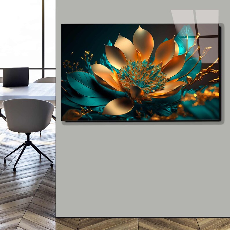 Gold Lotus Flower Tempered Glass Wall Art: Panoramic Floral Decor - Etsy