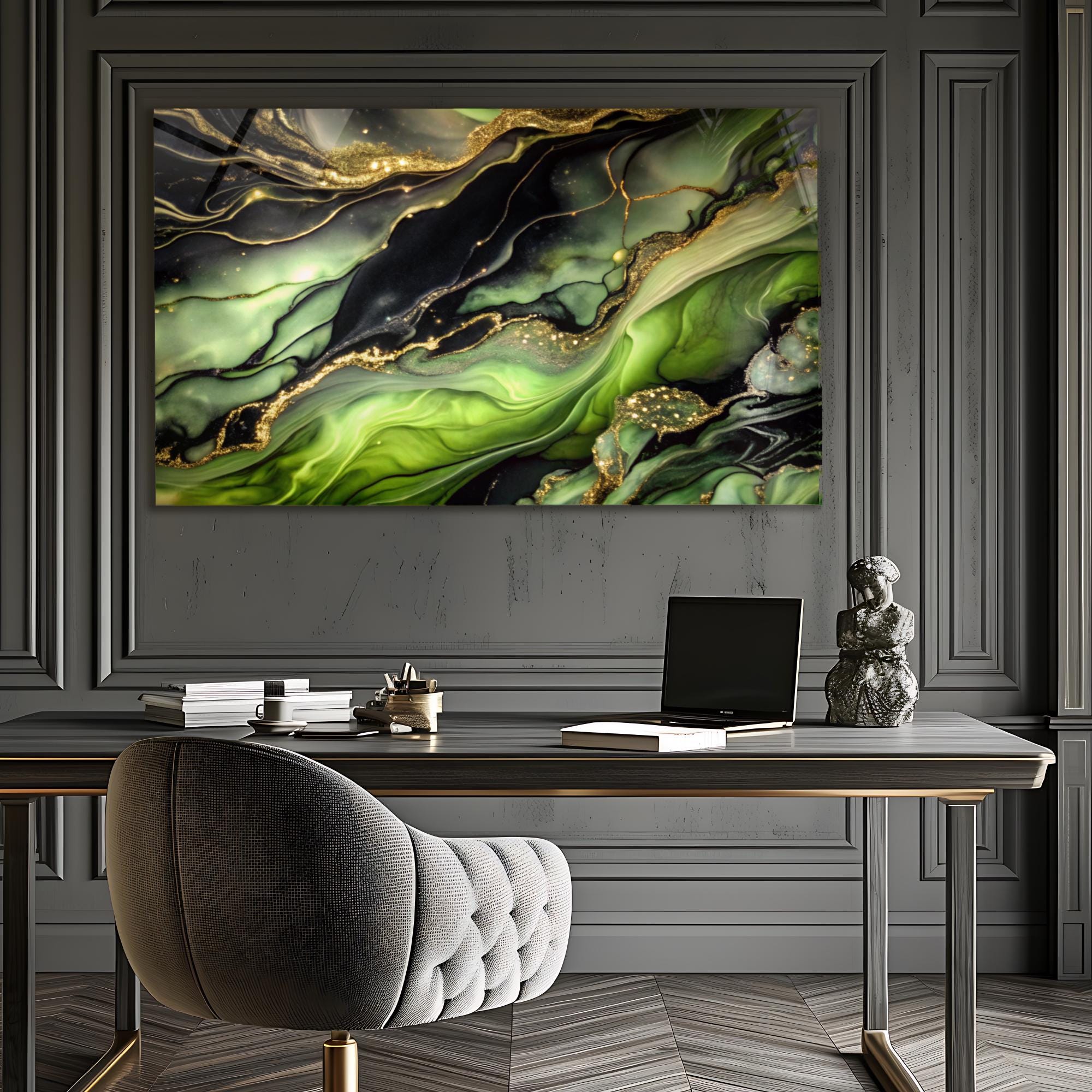 Tempered Glass Wall Art Abstract Green Black Marble Design, Extra Large ...