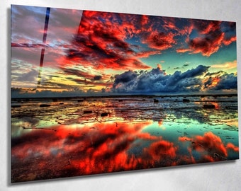 Red Coluds Lake Tempered Glass Wall Art Landscape Panoramic Wall Art Tempered Glass Backsplash Extra Large Wall Art Wall Art for Mom