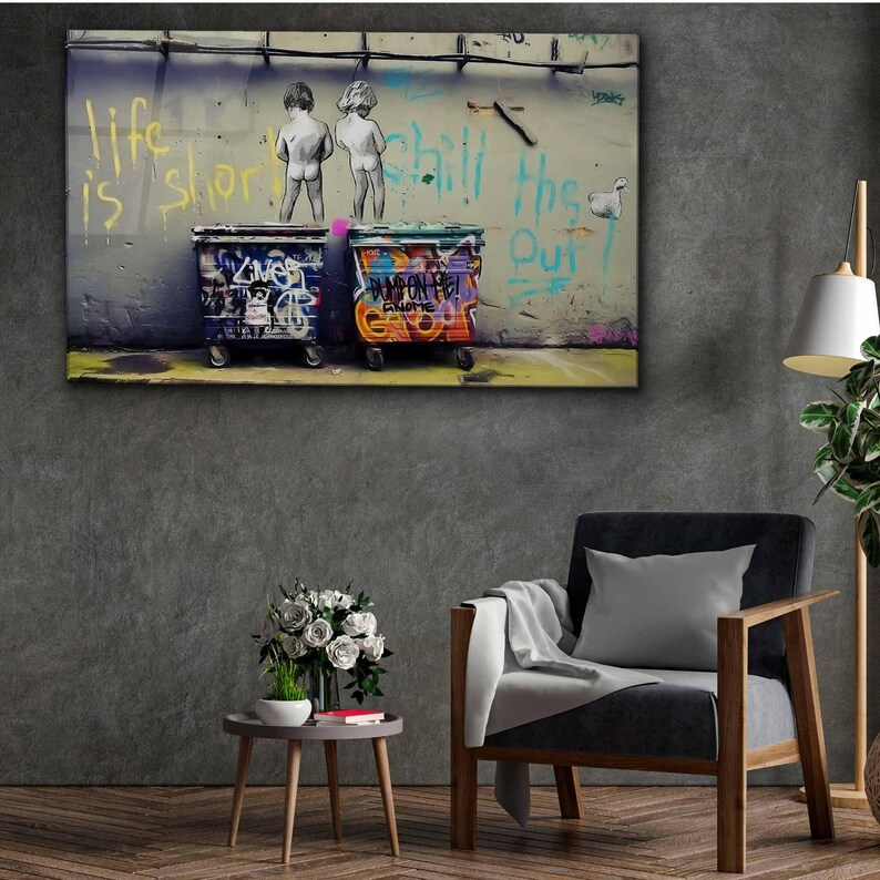 Tempered Glass Wall Art Urban Street Art, Graffiti Wall Art with Kids, Industrial Loft Decor, Extra Large Wall Art image 5