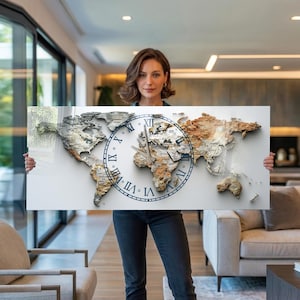 Oversized Wall Clock Tempered Glass Large Wall Clock 3D Metal Wall Art  World Map Modern Living Room Decor Silent Clock