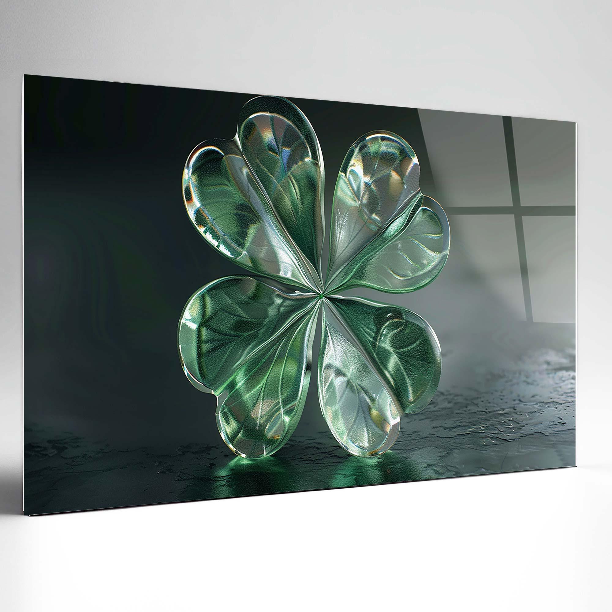 Abstract Tempered Glass Wall Art Four Leaf Clewer, Panoramic Wall Art, Tempered Glass Backsplash Extra Large Wall Art, Wall Art for Mom