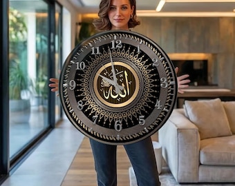 Allah Wall Clock, Oversized Round Tempered Glass Clock, Extra Large Black Gold Islamic Calligraphy Decor for Muslim Home