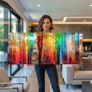 May include: A colourful wall clock with a stained glass design. The clock face features Roman numerals and hands. The background is a vibrant array of vertical stripes in various colours, including red, orange, yellow, green, and blue.